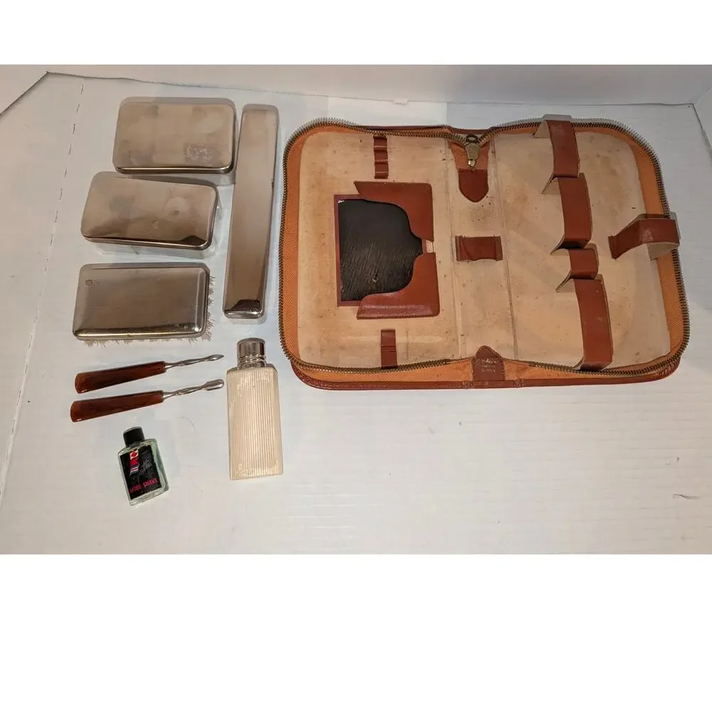 Vtg German Leather Toiletry Kit Art Deco Grooming Set Fuller After Shave